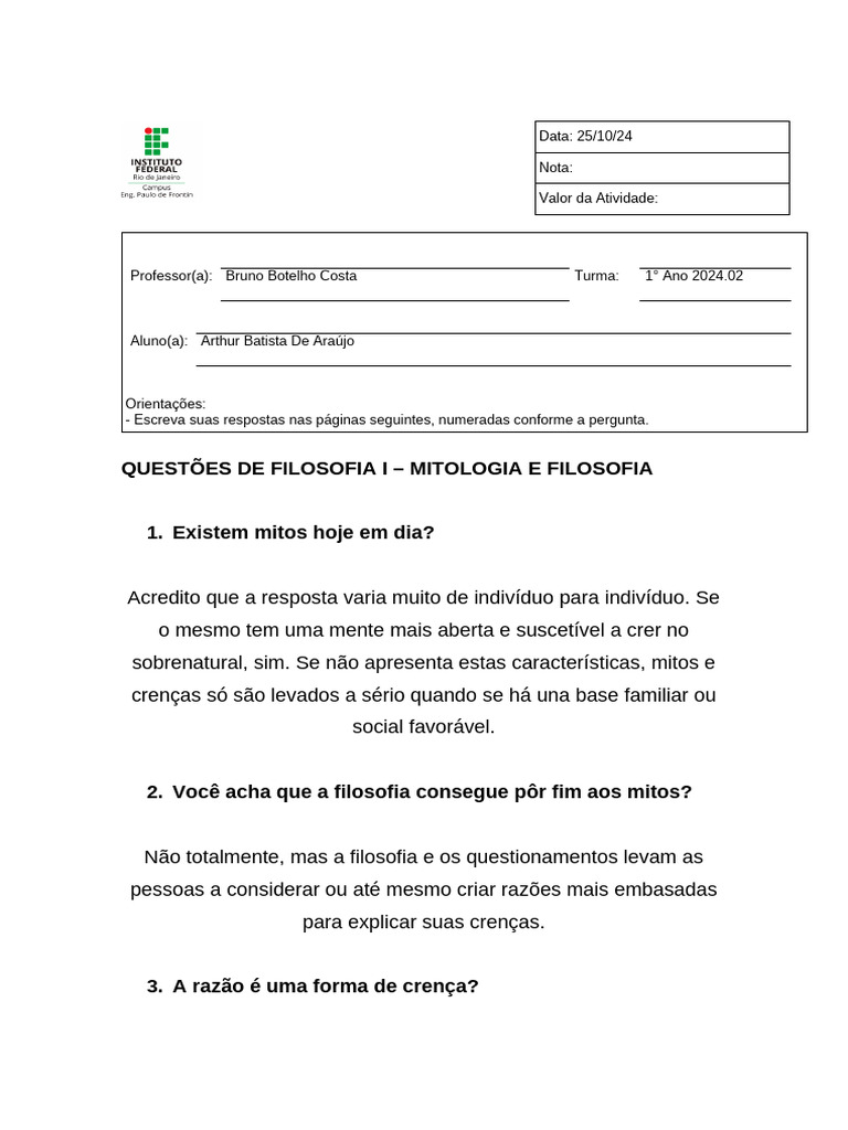 Questões de Filosofia e Mitologia | PDF