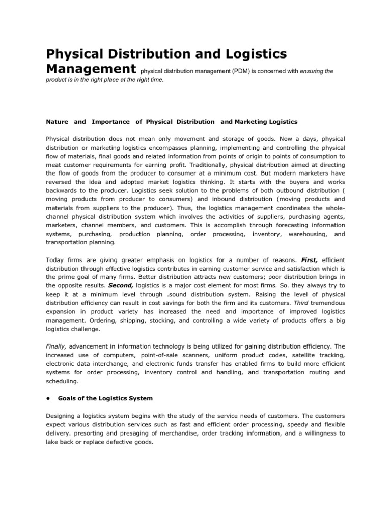 Importance of Physical Distribution Management | PDF | Logistics ...