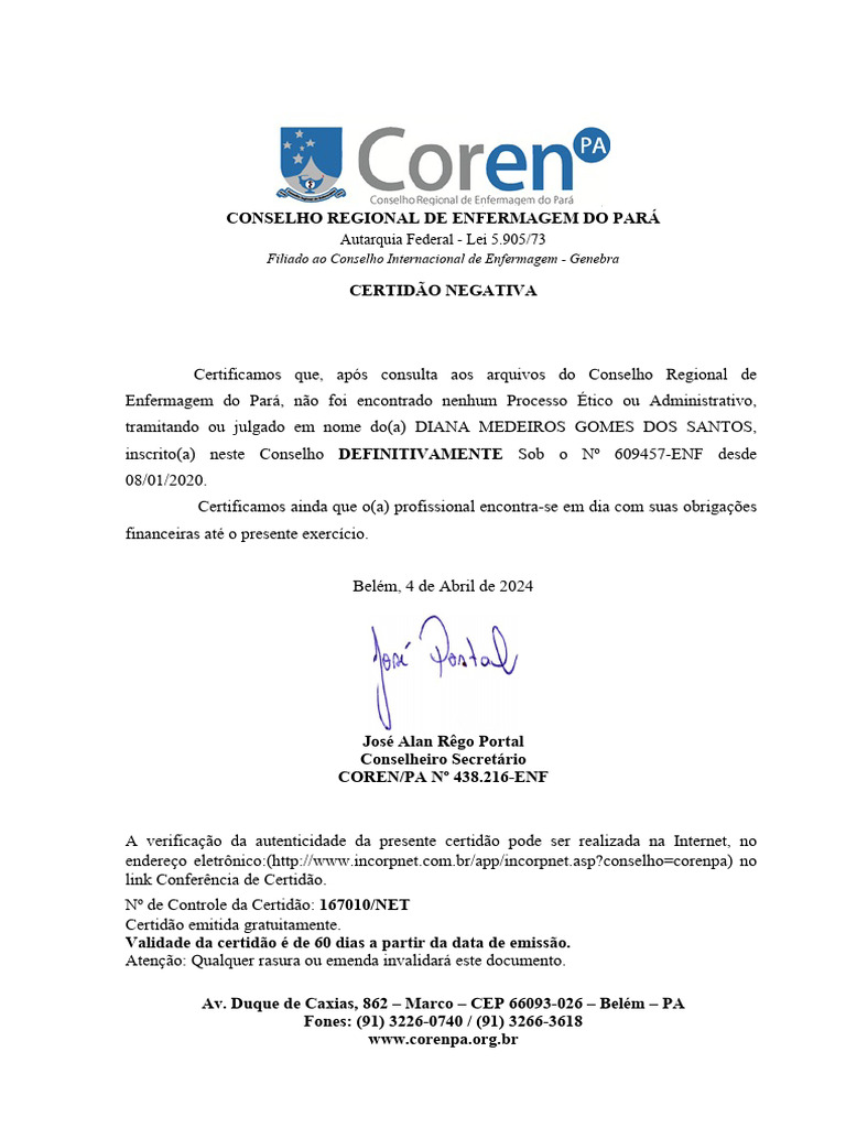 Certidão Negativa COREN Pará - Diana Santos | PDF