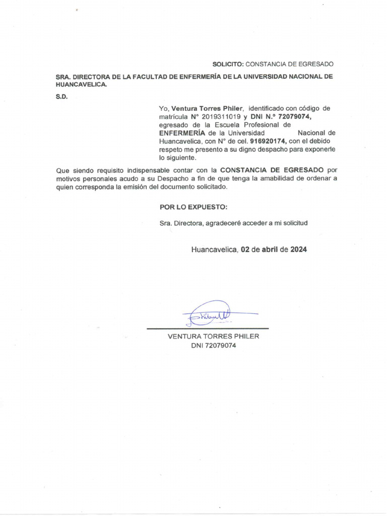 Solicitud de Constacia de Engresado - Philer Ventura Torres | PDF