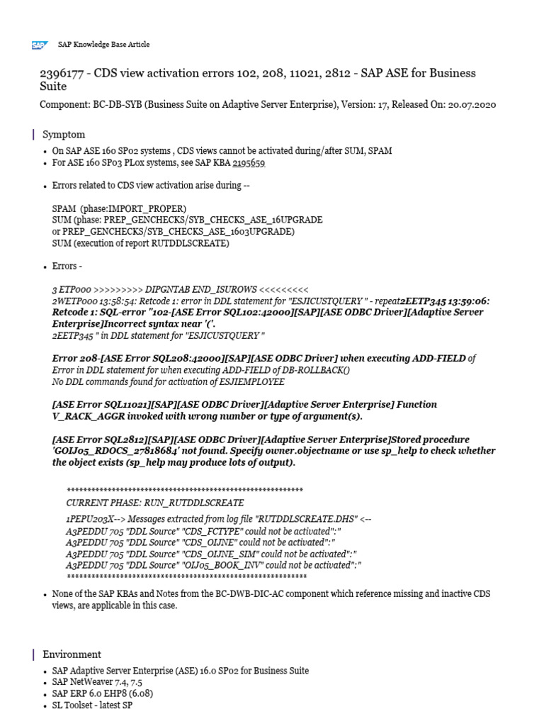 SAP ASE CDS View Activation Fix | PDF | Computing | Network Service