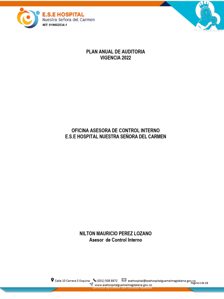 Plan Anual de Auditoría 2022 E.S.E. Hospital | PDF | Auditoría ...