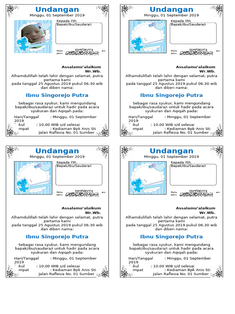 Contoh undangan aqiqah simpel kertas a4 dibagi 4 pdf
