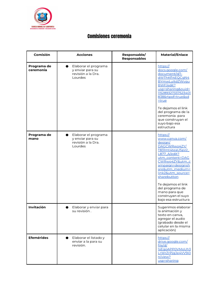 Comisiones y Tareas para Ceremonia | PDF