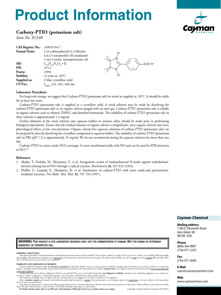 Carboxy-PTIO (Potassium Salt) Overview | PDF | Potassium | Chemistry