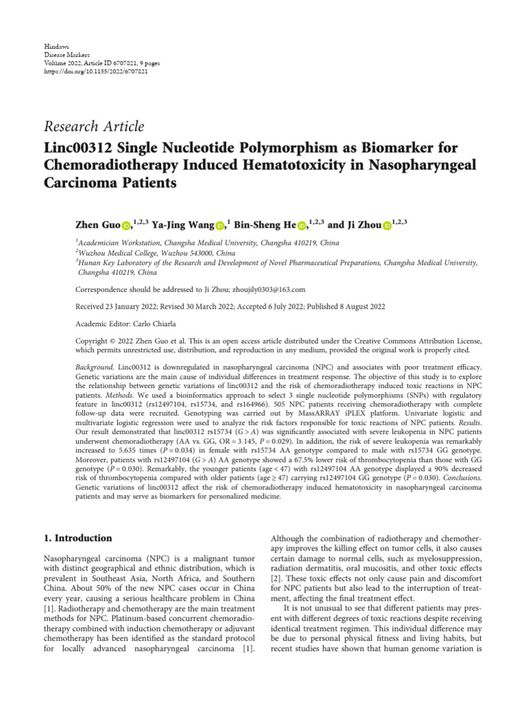 Linc00312 Single Nucleotide Polymorphism As Biomarker For | PDF ...