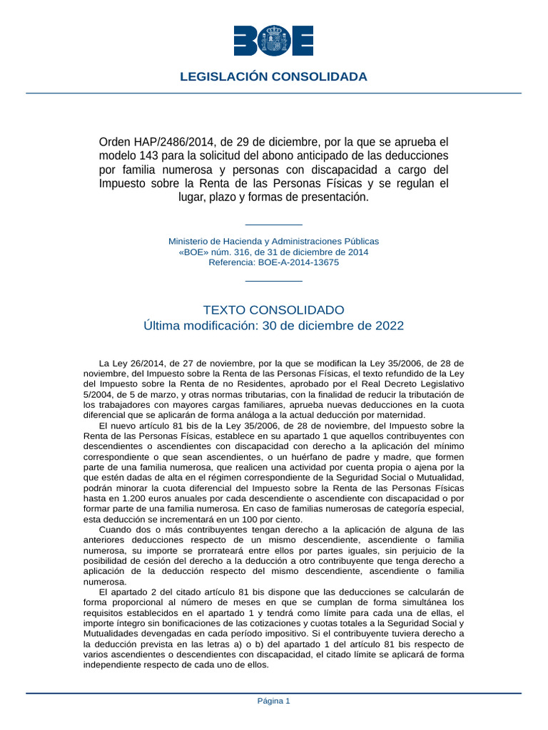 BOE A 2014 13675 Consolidado | PDF | Impuestos | Impuesto sobre la renta