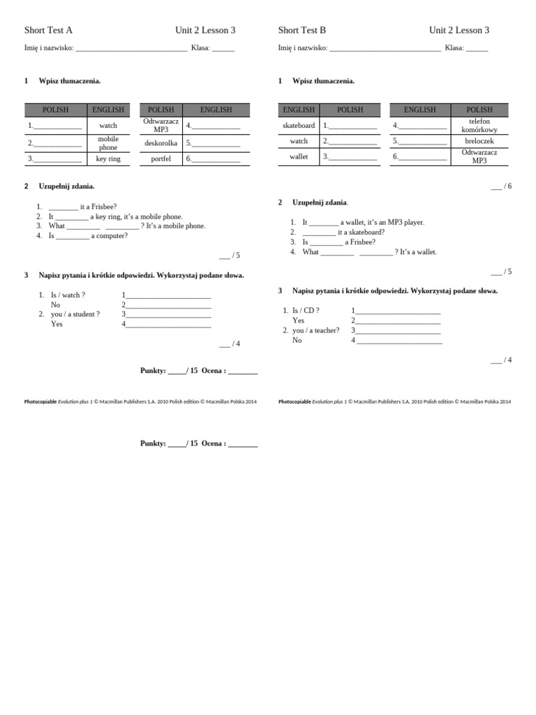 EvolutionPlus Klasa4 Short Tests U2 L3 | PDF