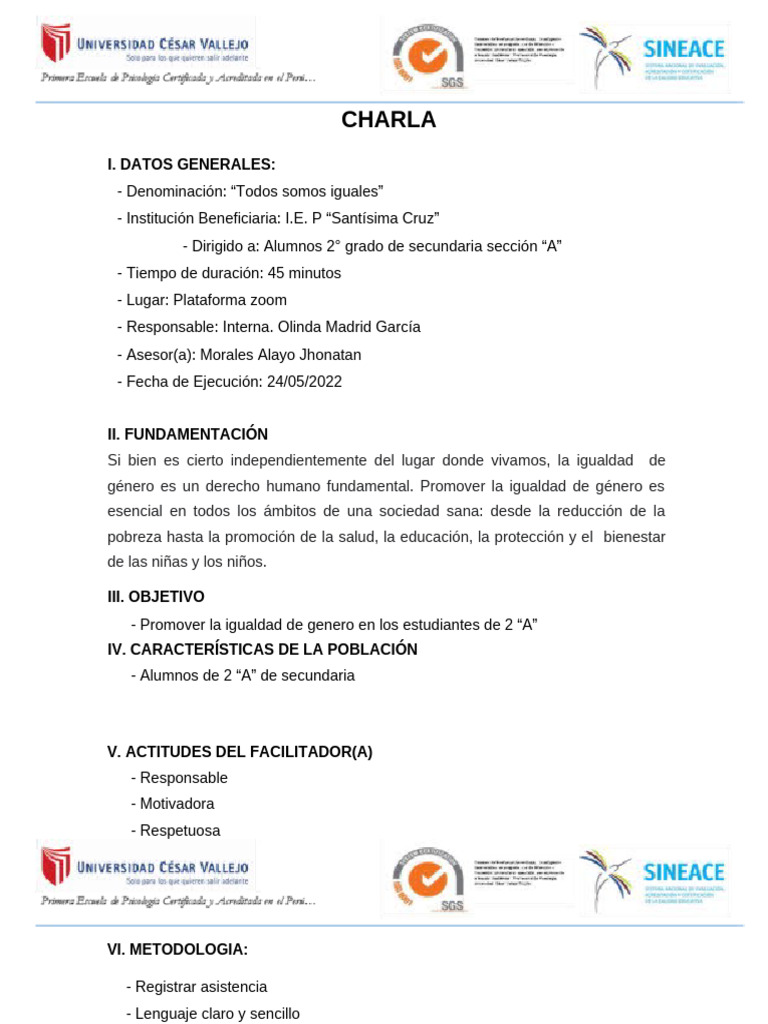 Charla sobre Igualdad de Género en Secundaria | PDF | Igualdad de ...