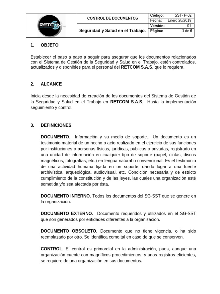 SST-P-02 Procedimiento Control de Documentos | PDF | Documento