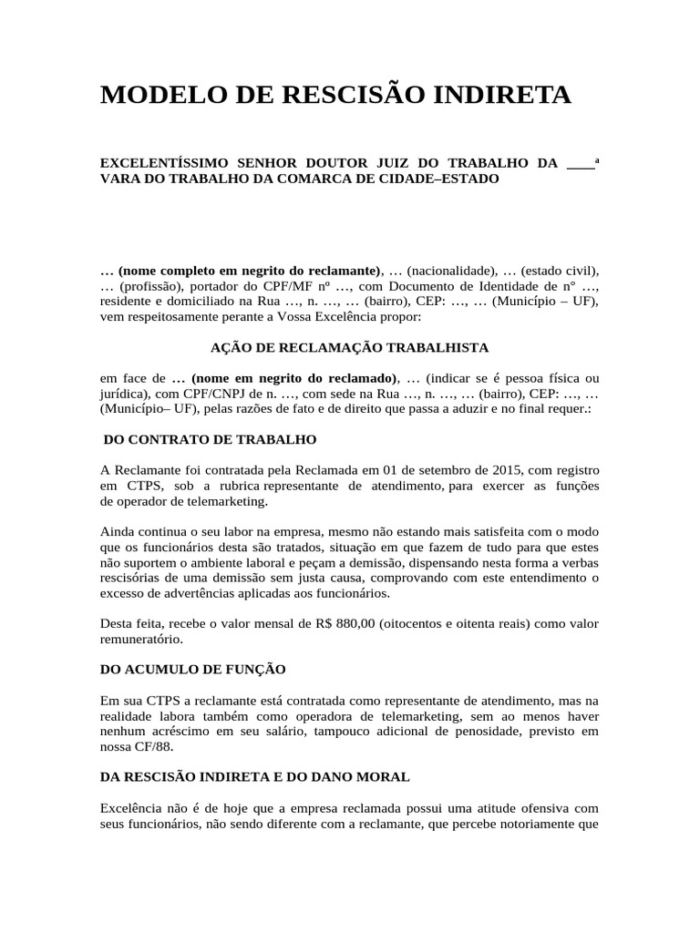 Modelo de Rescisão Indireta Trabalhista | PDF | Sentença (jurídico ...