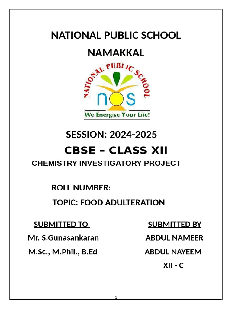 Class 12 Chemistry Project: Food Adulteration | PDF