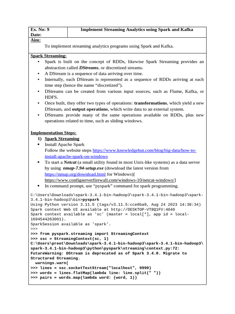 Spark and Kafka Streaming Analytics Guide | PDF | Apache Spark | Computing