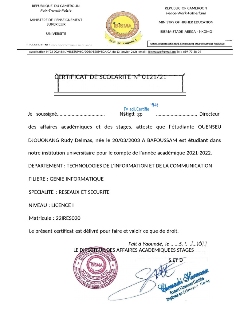 Certificat de Scolarité et Relevé de Notes | PDF | Électricité | Ingénierie