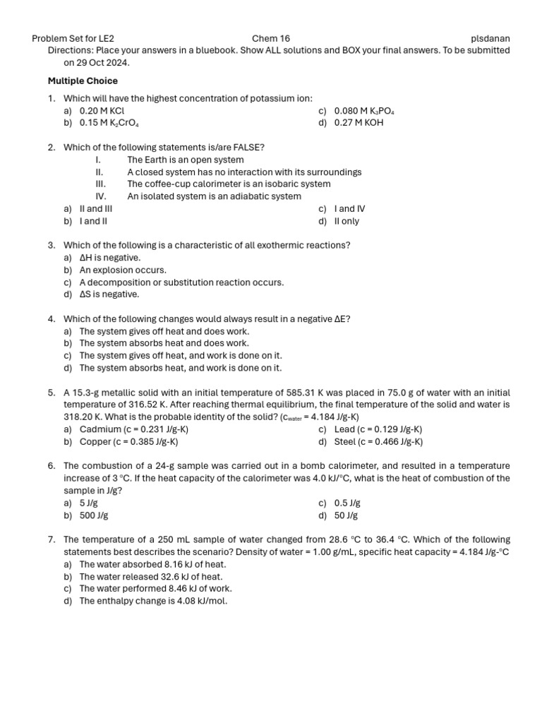 Problem Set For LE2 | PDF | Heat | Physical Chemistry