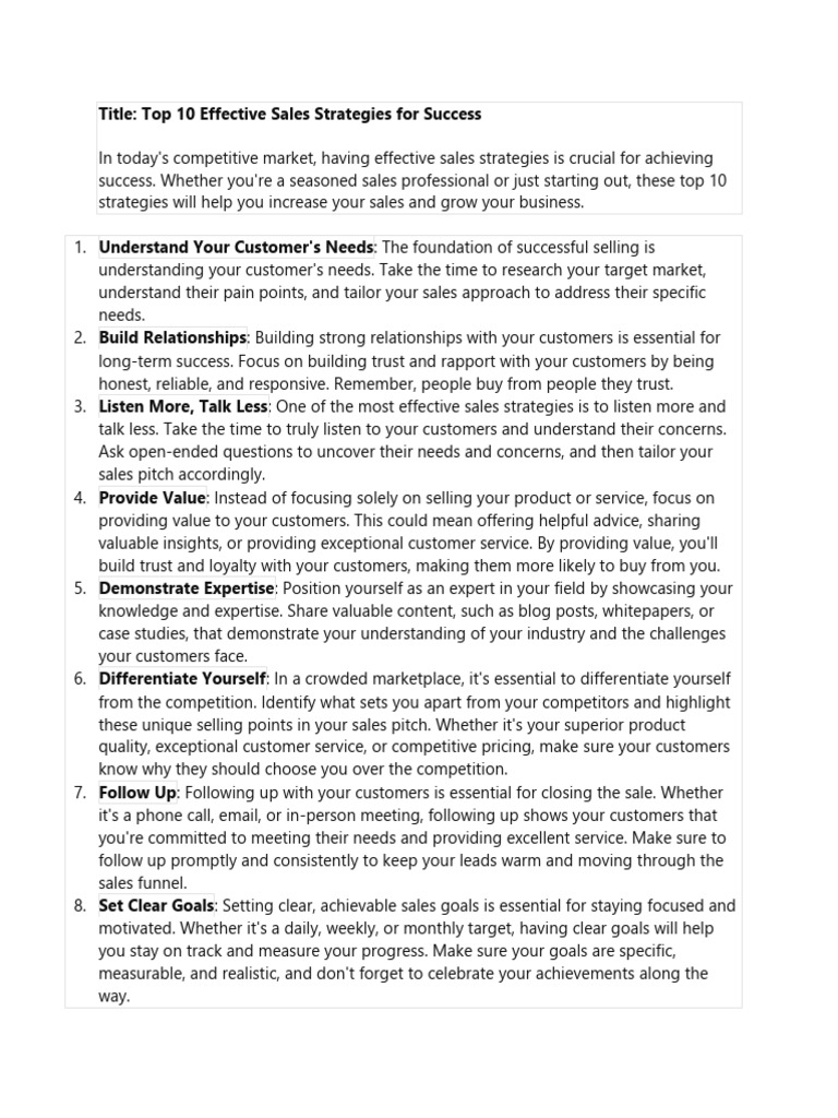 Top 10 Effective Sales Strategies | PDF | Sales | Business