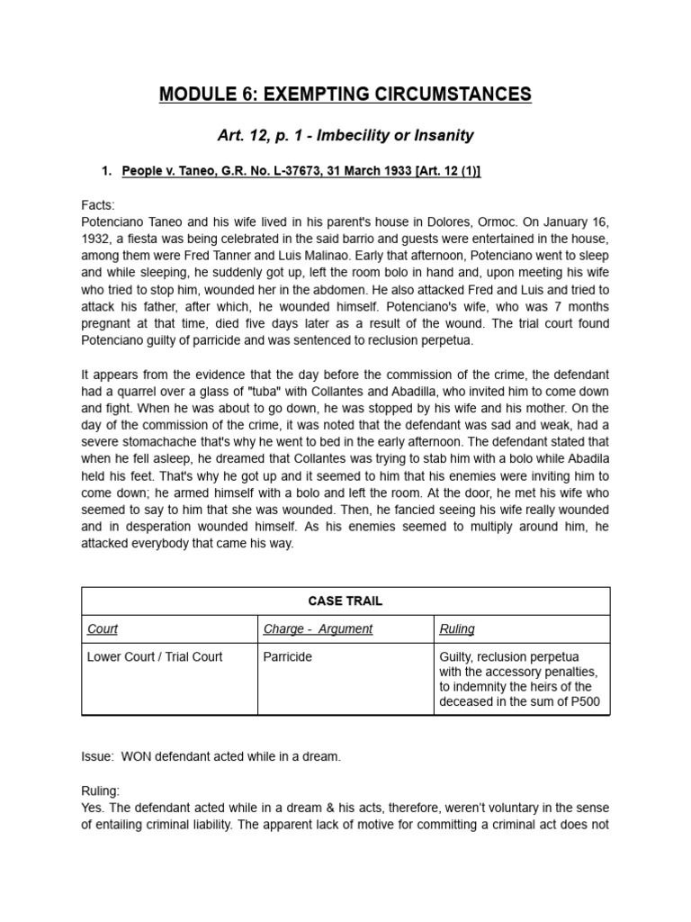 M6 Crim - Exempting Circumstances | PDF | Insanity Defense | Burden Of ...