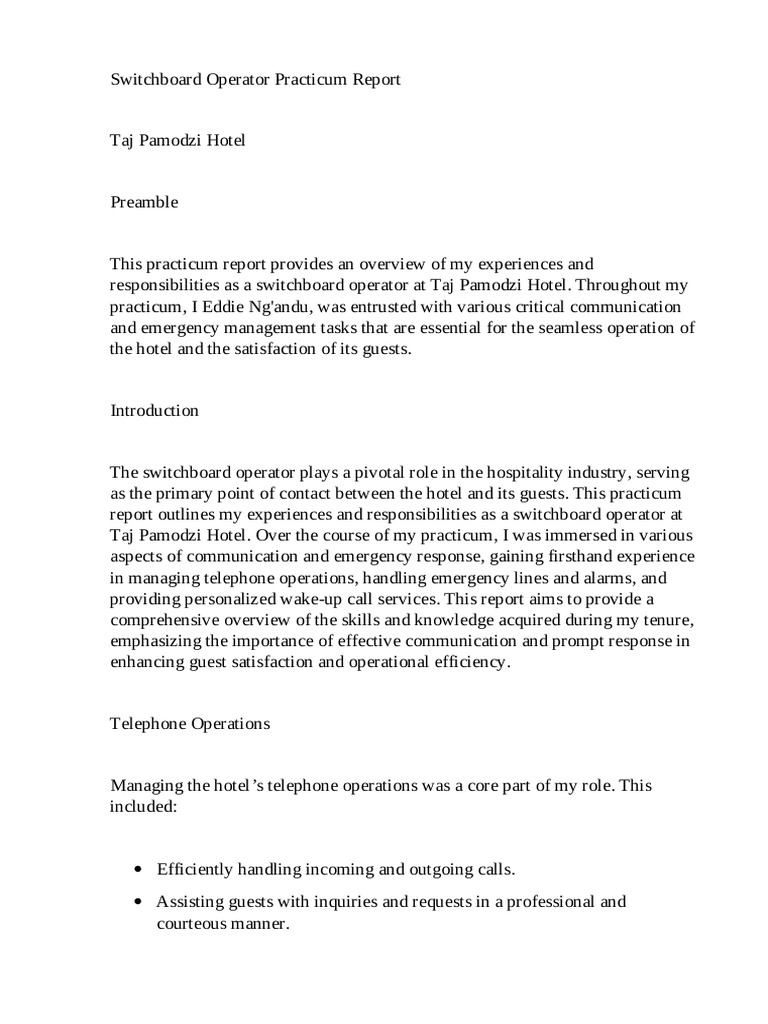 Switchboard Operator Experience Report | PDF | Computers