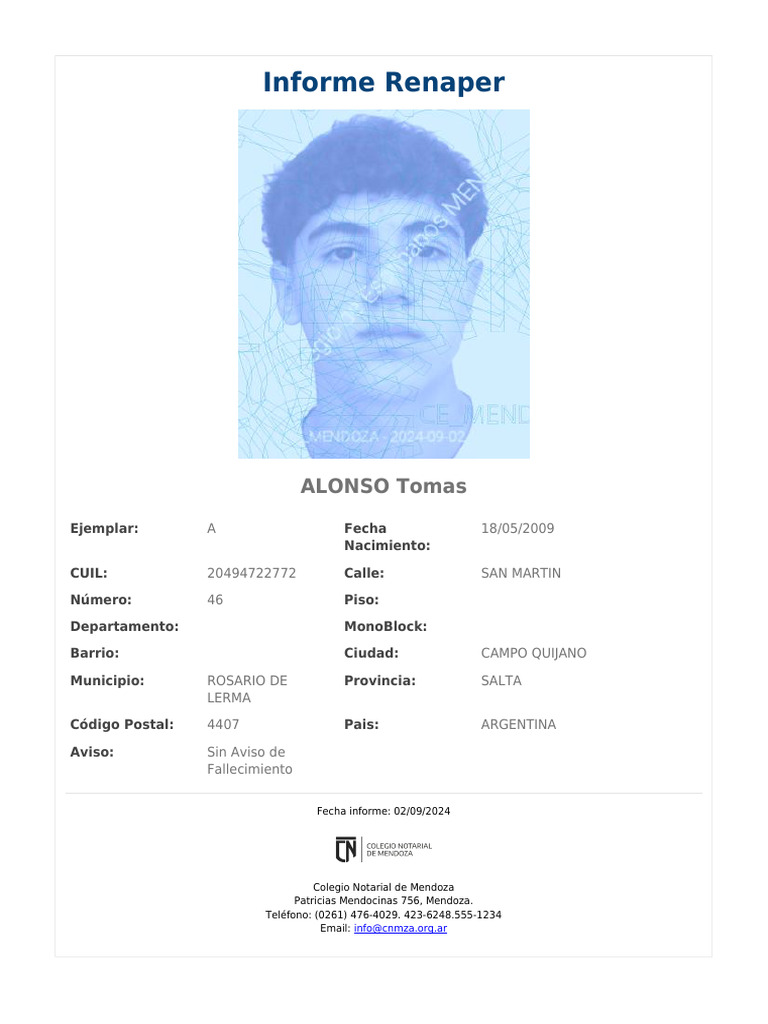 Informe Renaper: ALONSO Tomas | PDF
