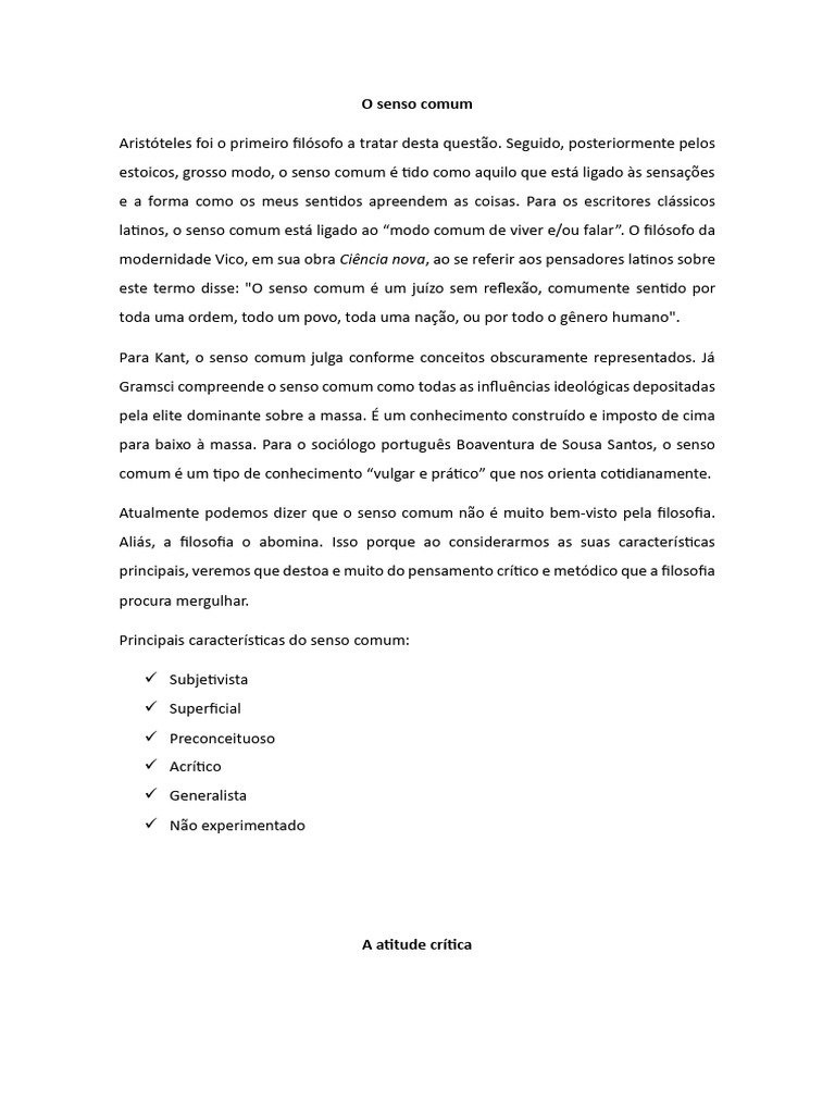 Senso Comum e Atitude Crítica na Filosofia | PDF | Sócrates | Conhecimento