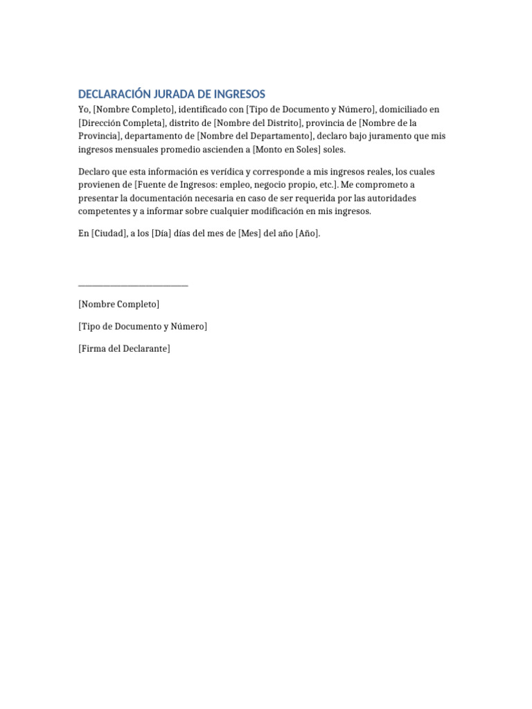 Modelo de Declaración Jurada de Ingresos | PDF
