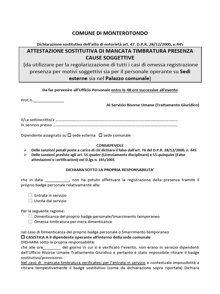 Modulo Attestazione Manacata Timbratura Cause Soggettive | PDF