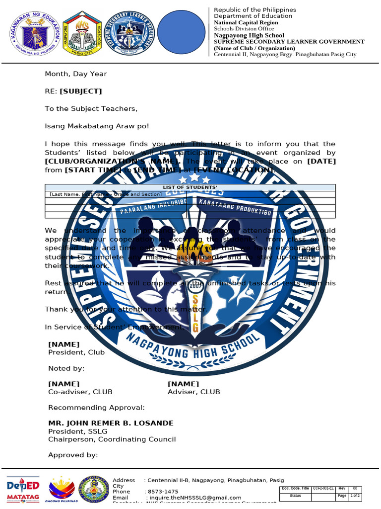 Ccf2 Excuse Letter Template 2425 | PDF