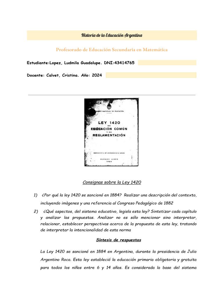 Ley 1420: Fundamentos de la Educación Argentina | PDF | Educación primaria