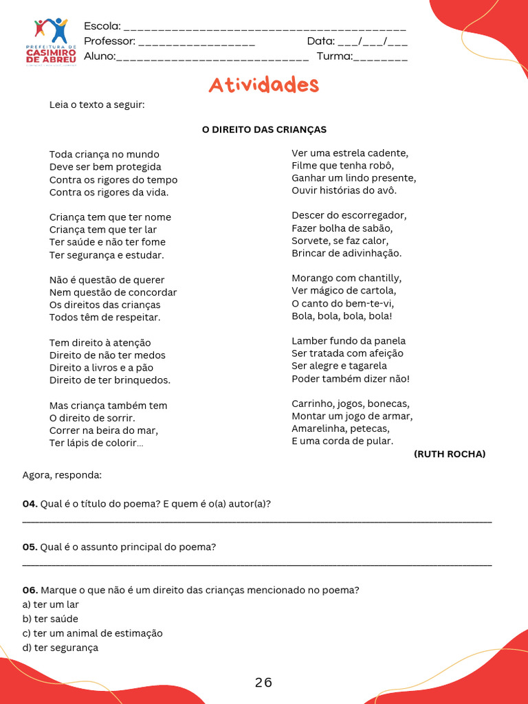 Direitos das Crianças em Poema de Ruth Rocha | PDF | Artes Linguísticas ...