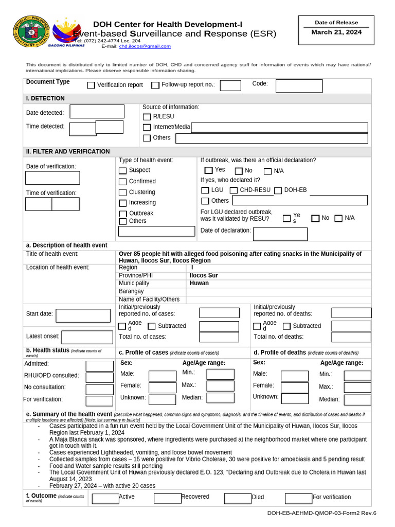 ESR Form for Food Poisoning Outbreak | PDF | Public Health | Human Feces