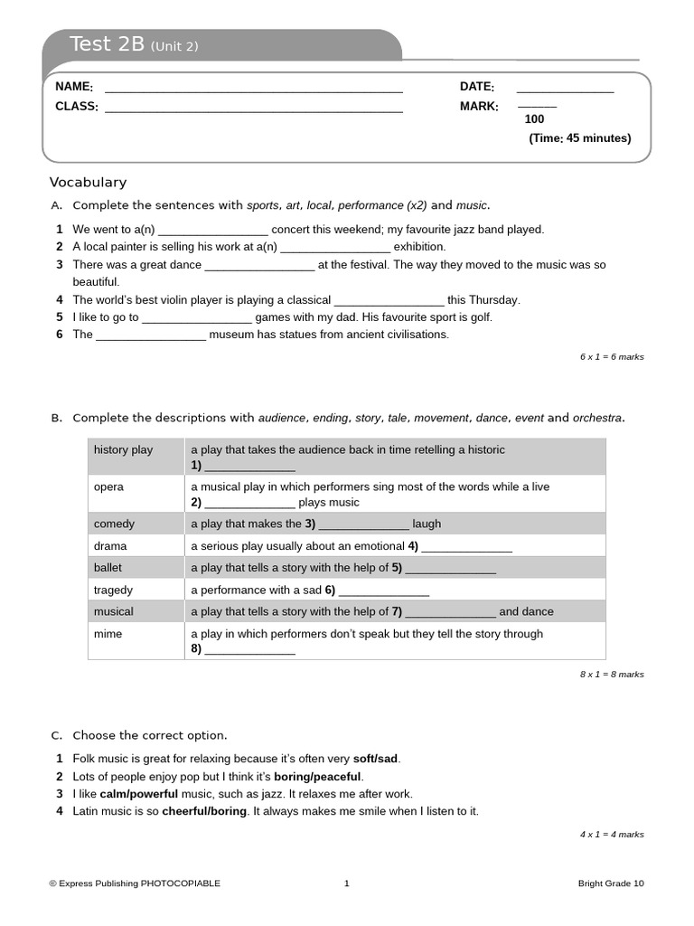 Bright Gr10 Test 2B - Unit 2 | PDF | Entertainment | Performing Arts