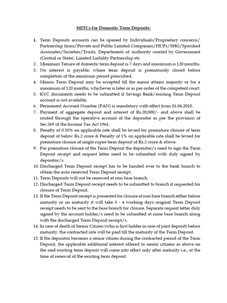MITCs for Domestic Term Deposits | PDF | Taxation | Personal Finance