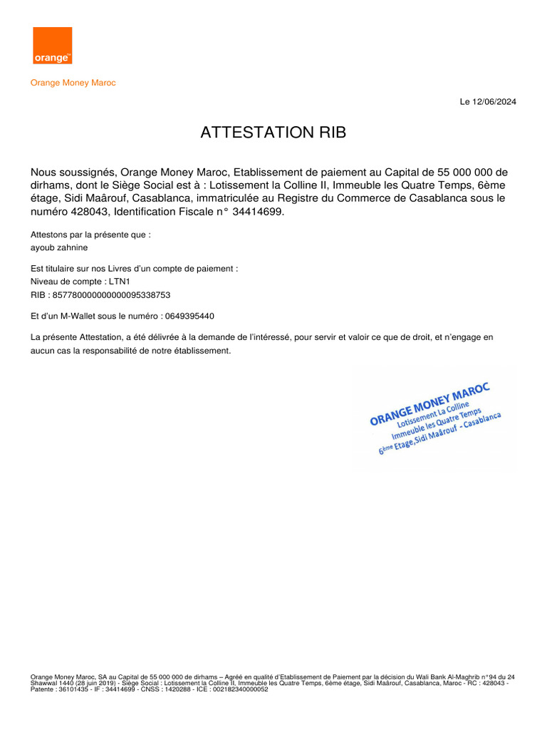 Attestation RIB - Orange Money Maroc | PDF