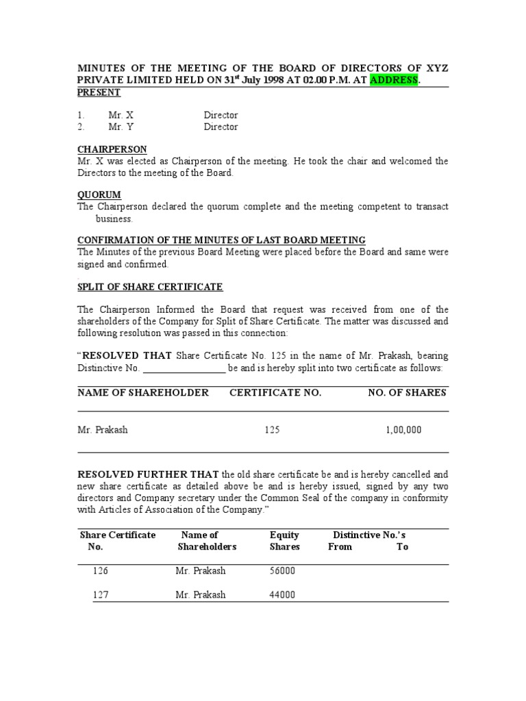 Sample Minutes Transfer of Shares Articles Of Association Board Of Directors