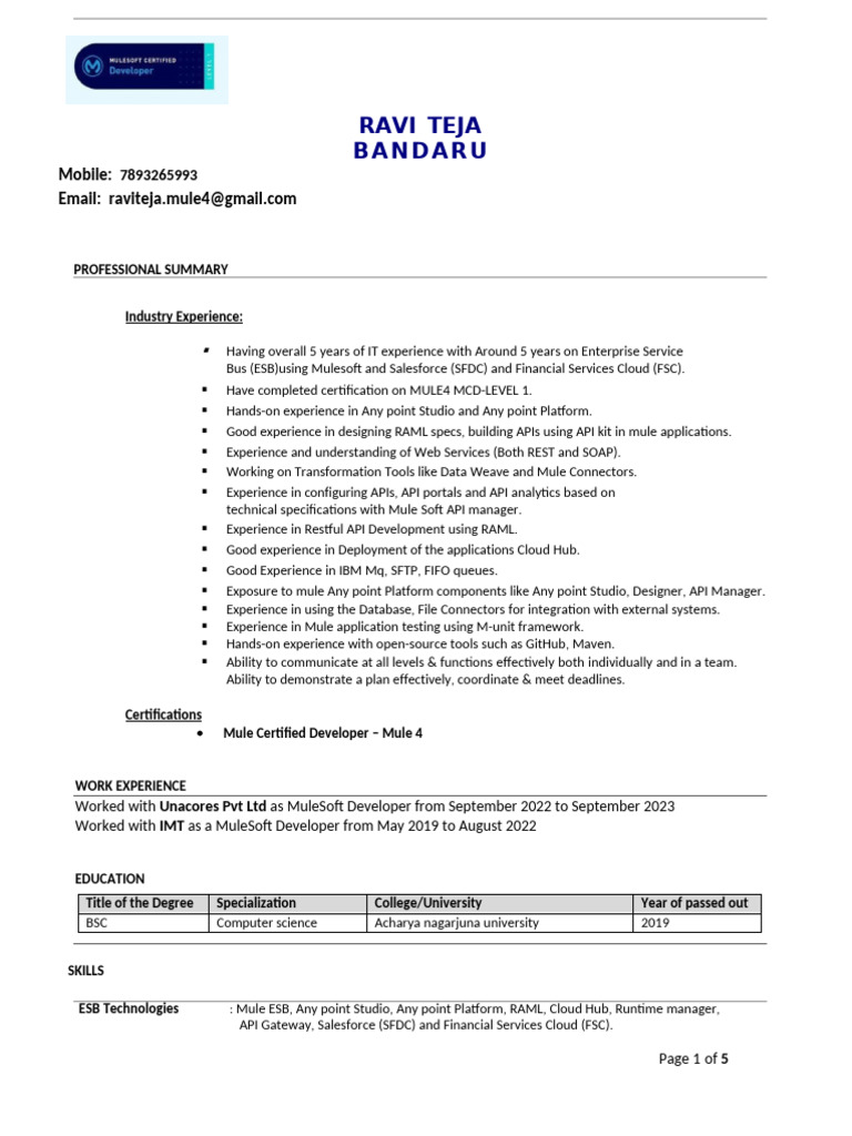 Ravi Teja Bandaru MuleSoft Developer | PDF | Cloud Computing | Databases