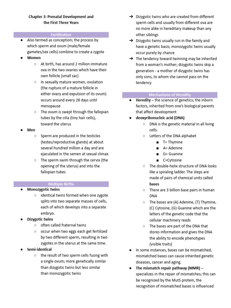 Chapter 3 Developmental Psych Notes | PDF | Dominance (Genetics) | Heredity