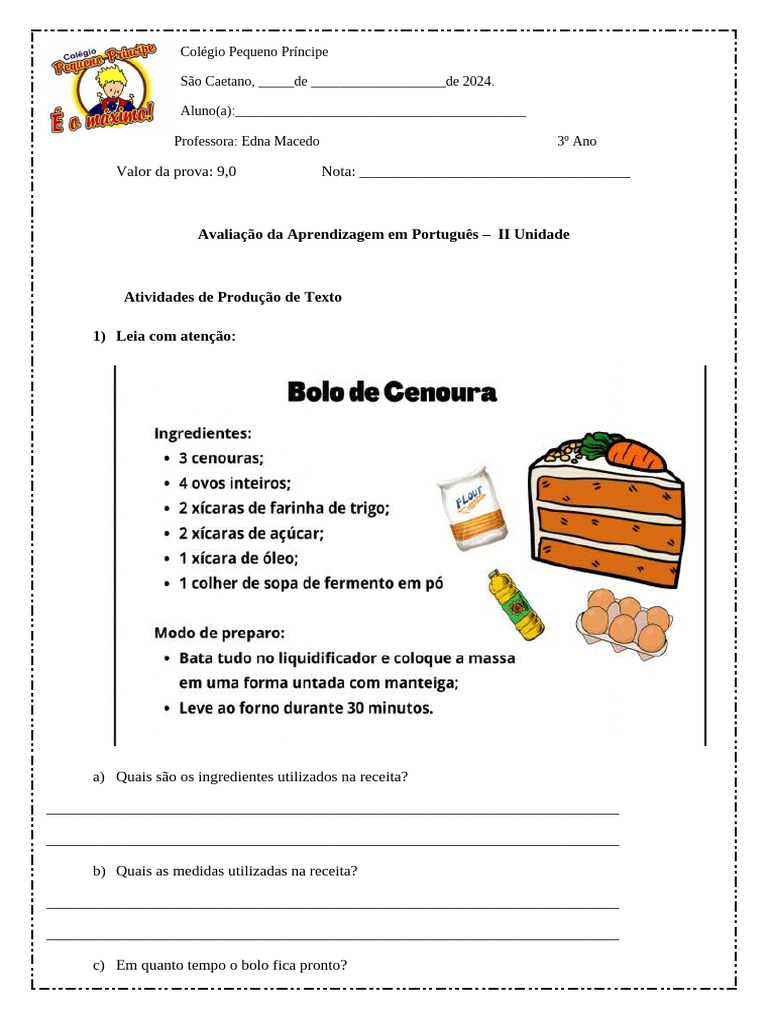 Avaliação de Português 3º Ano - Prova II | PDF | Carreira e Crescimento