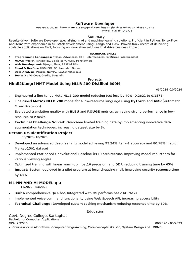 AI-Focused Software Developer Resume | PDF | Machine Learning ...