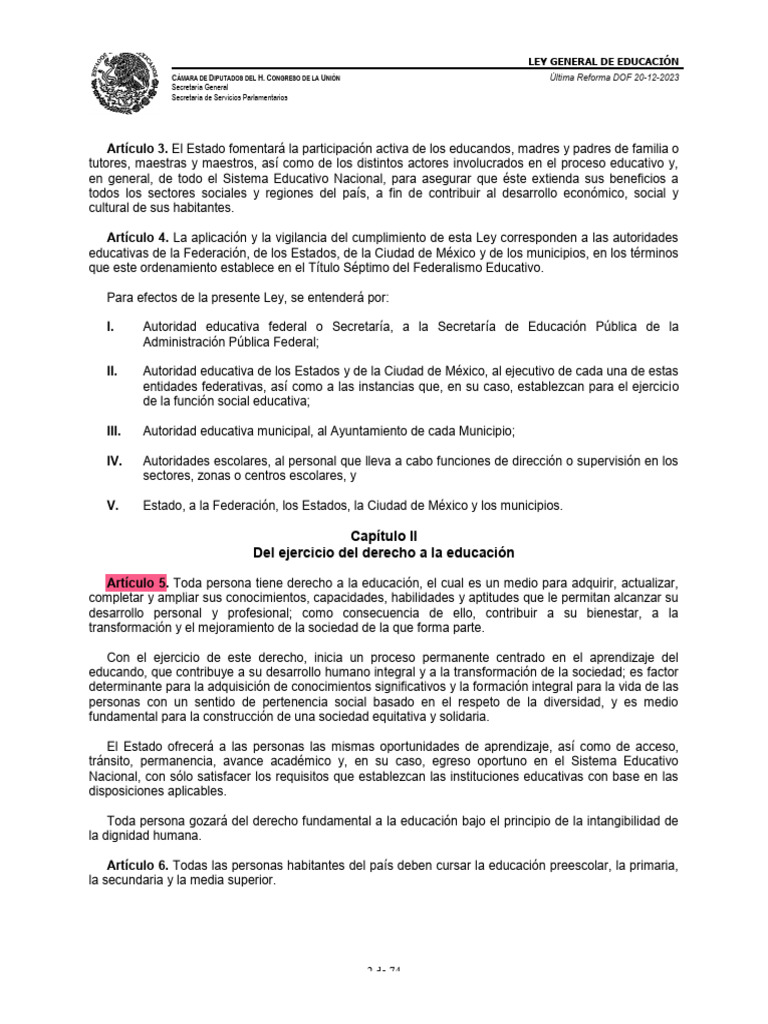Ley General de Educación México 2023 | PDF | Educación de la primera ...