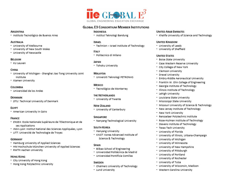 Global E3 Consortium Member Institutions - AUG2024 | PDF