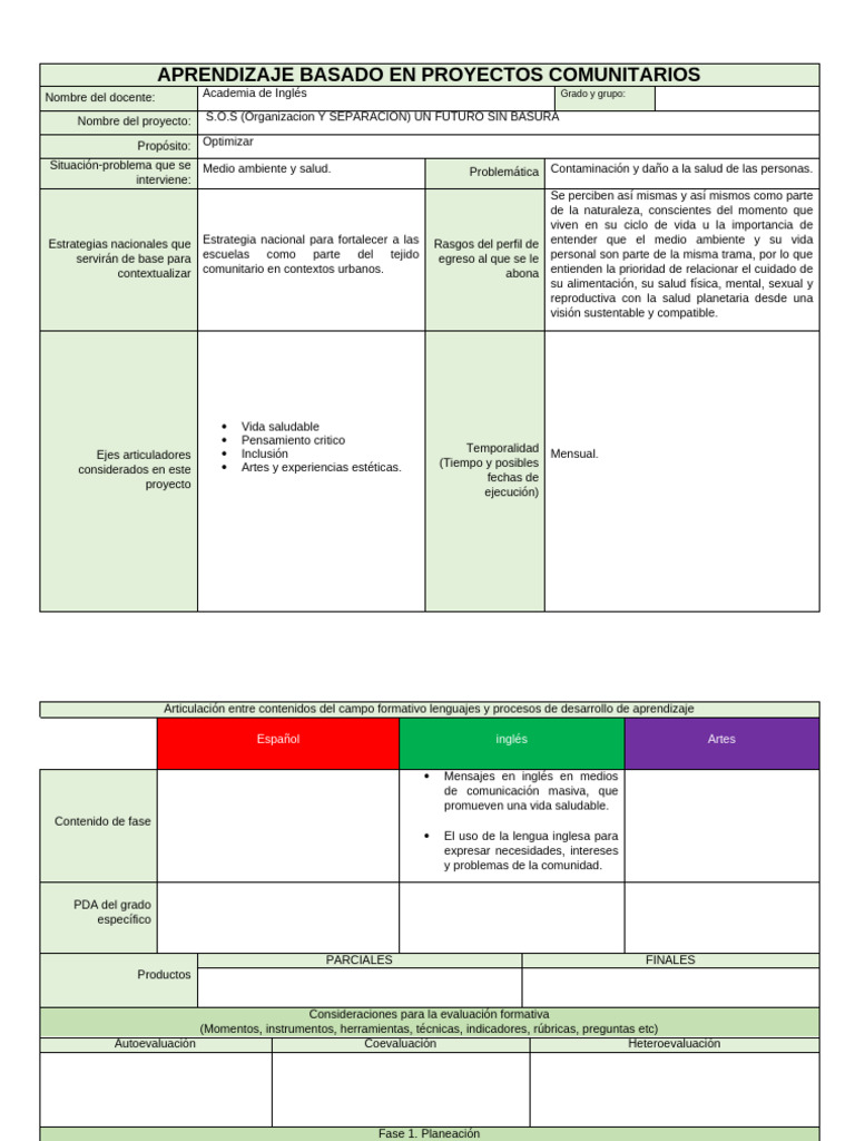 Formato Planeación de Aprendizaje Basado en Proyectos Comunitarios ...