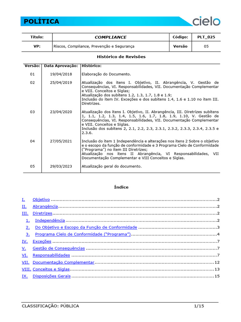 Política de Compliance da Cielo S.A. | PDF | Conformidade regulatória ...
