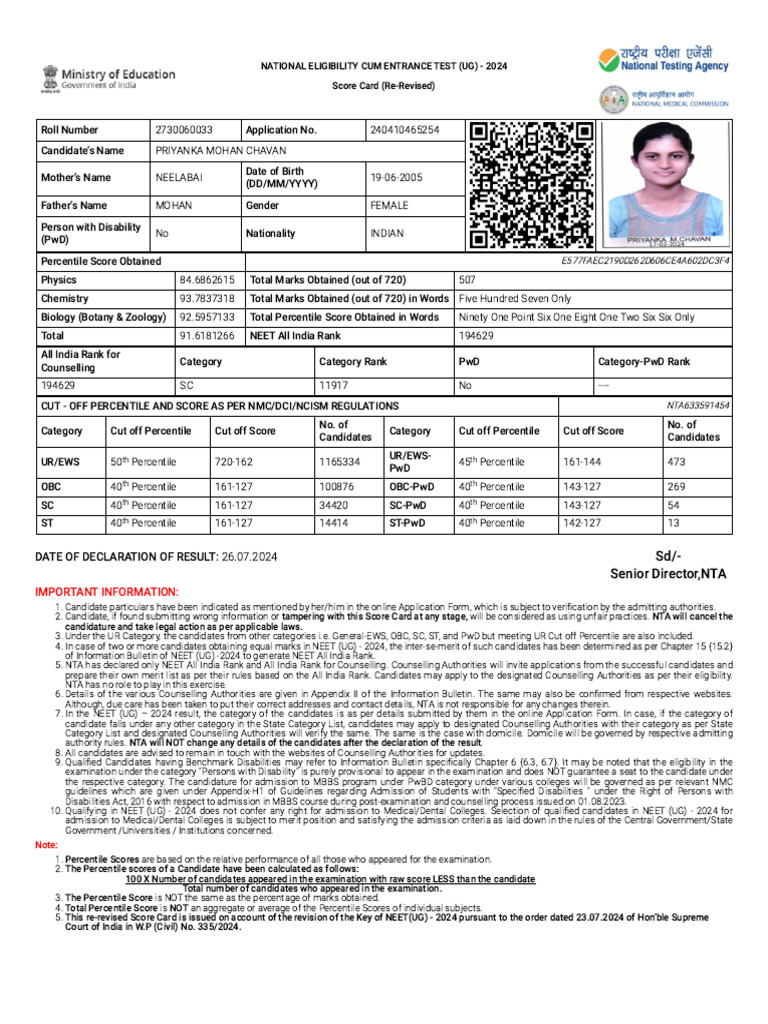 NEET UG 2024 Re-Revised Score Card | PDF