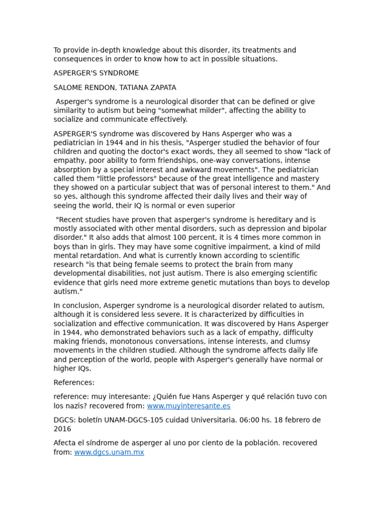 Ingles | PDF | Asperger Syndrome | Autism Spectrum