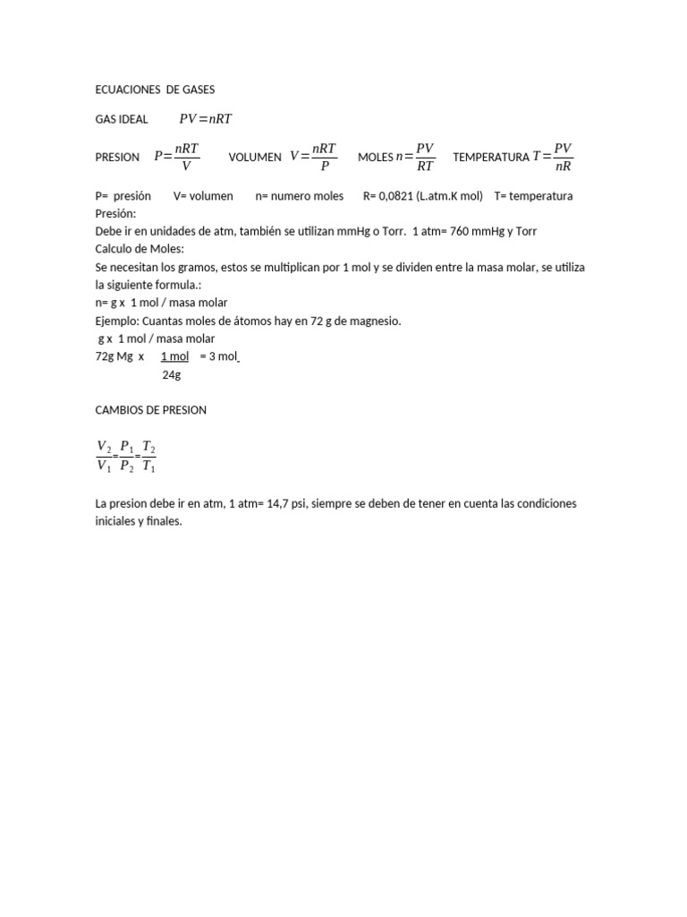 Ecuaciones de Gases Ideales y Cálculos | PDF | Ciencia y matemáticas