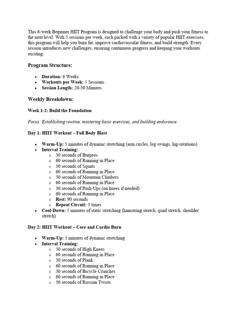 6-Week Beginner HIIT Workout Plan | PDF | High Intensity Interval ...