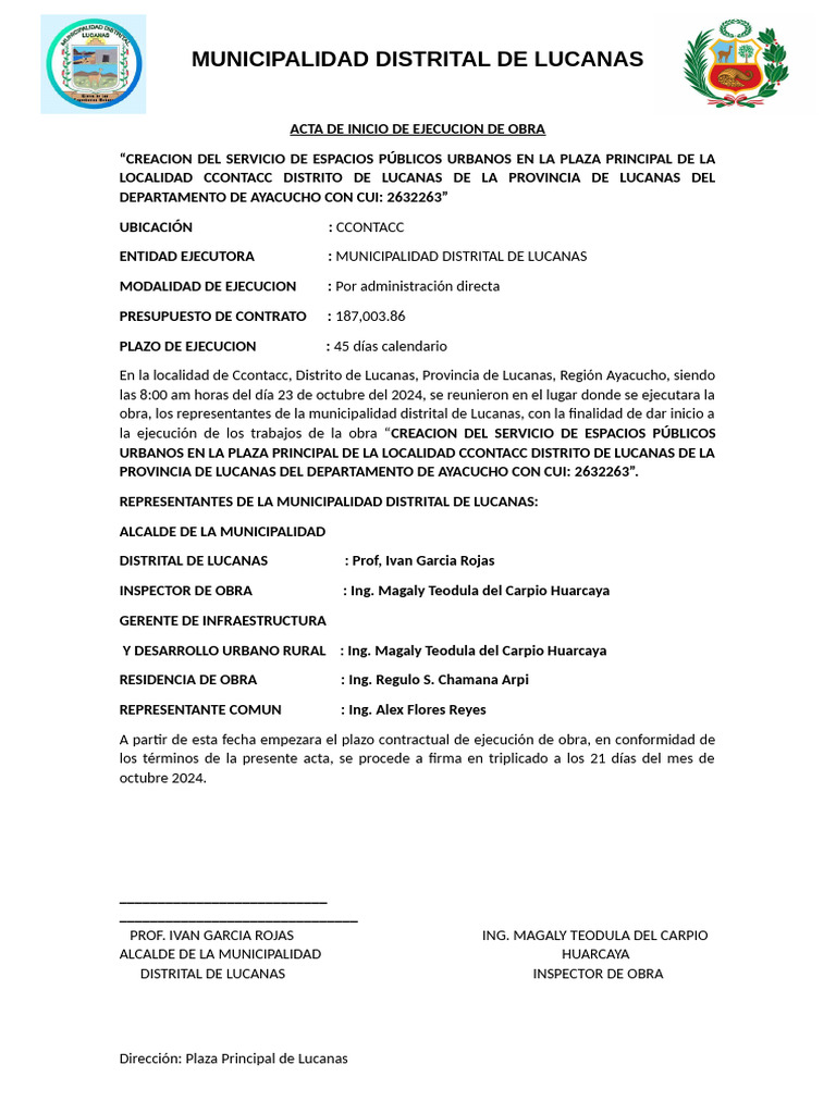 Acta de Inicio de Ejecucion de Obra | PDF | Gobierno