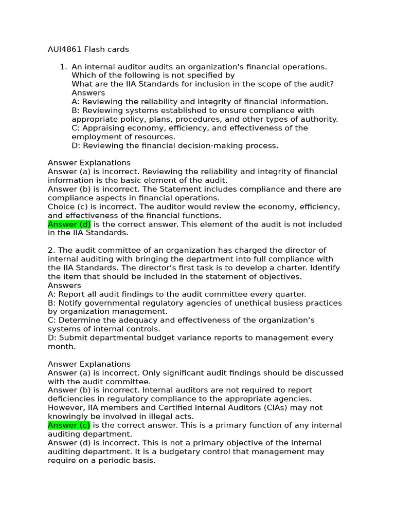 AUI4861 Flash Cards Study Guide For Imka's | PDF | Internal Audit | Audit