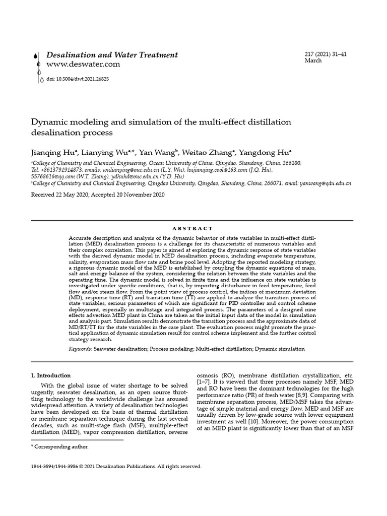 Dynamic Modeling of MED Desalination Process | PDF | Desalination | Water