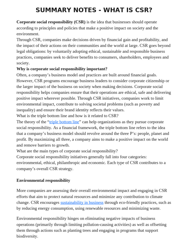 SUMMARY NOTES Social Corporate Responsibilirty | PDF | Corporate Social ...